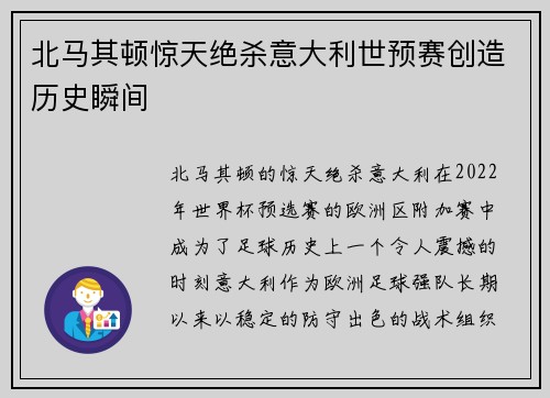 北马其顿惊天绝杀意大利世预赛创造历史瞬间